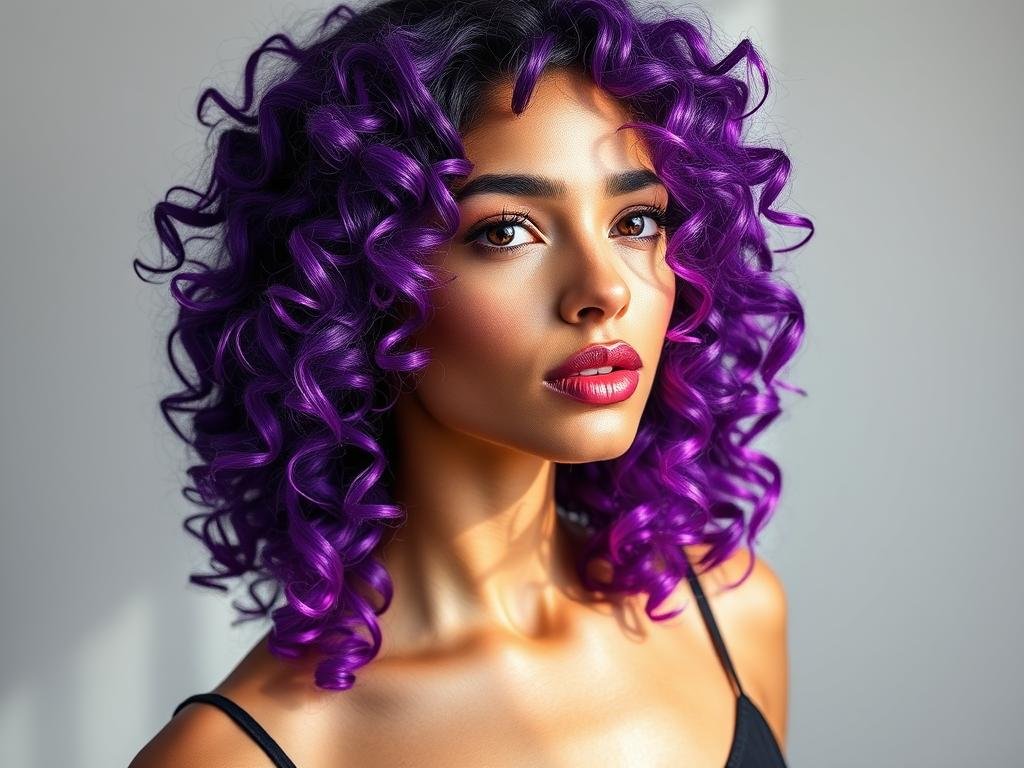 Woman with vibrant purple curly hair showing dimensional color Woman with vibrant purple curly hair showing dimensional color