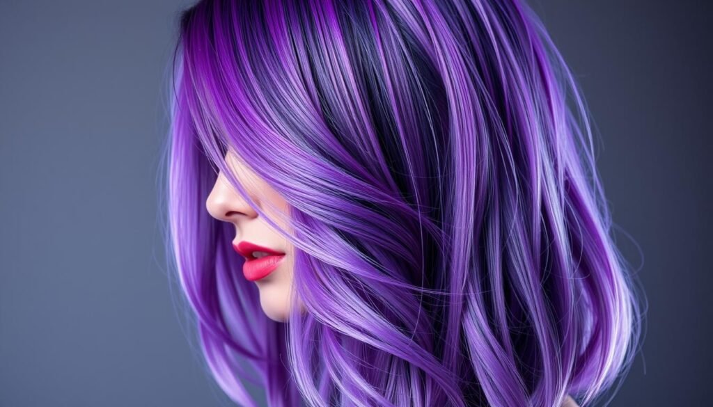 Woman with vibrant purple hair showing different shades and highlights