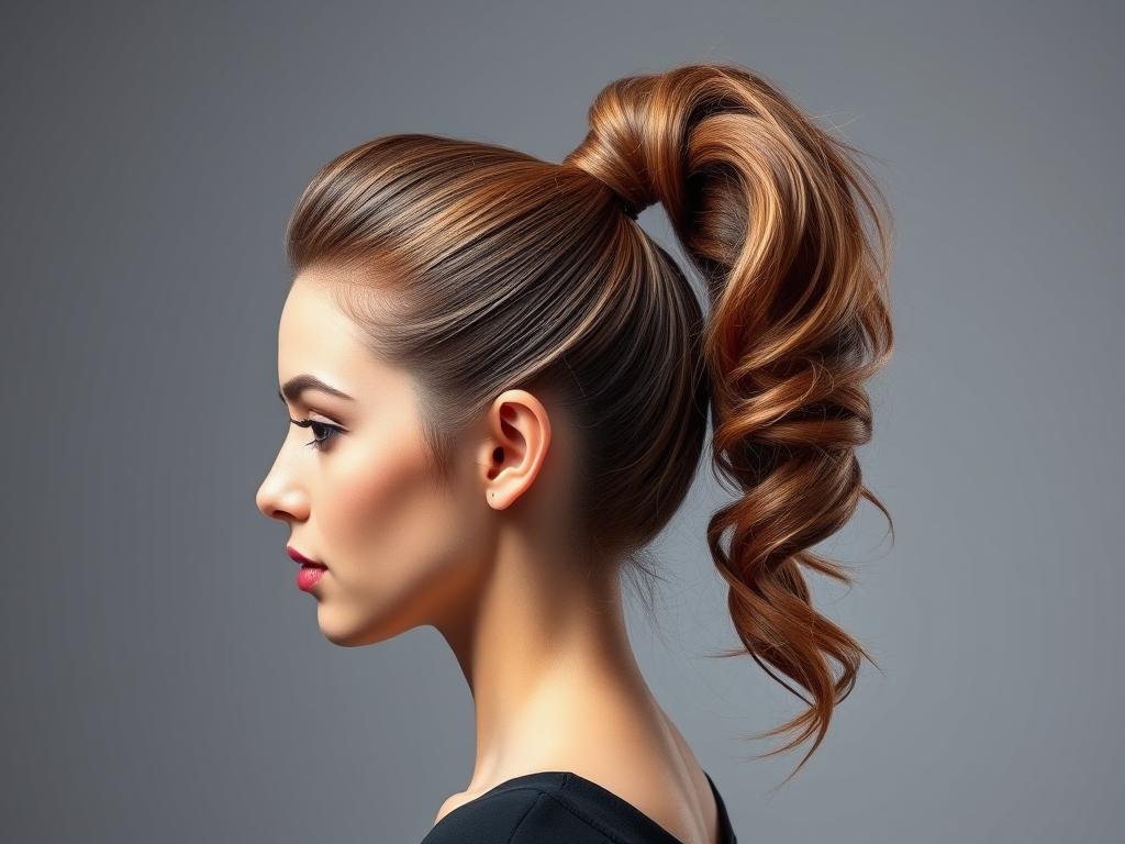 Woman with voluminous high ponytail styled for thin hair Woman with voluminous high ponytail styled for thin hair