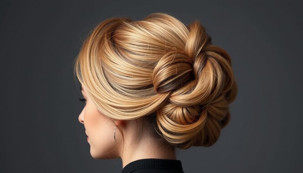 Woman with voluminous updo hairstyle for thin hair Woman with voluminous updo hairstyle for thin hair