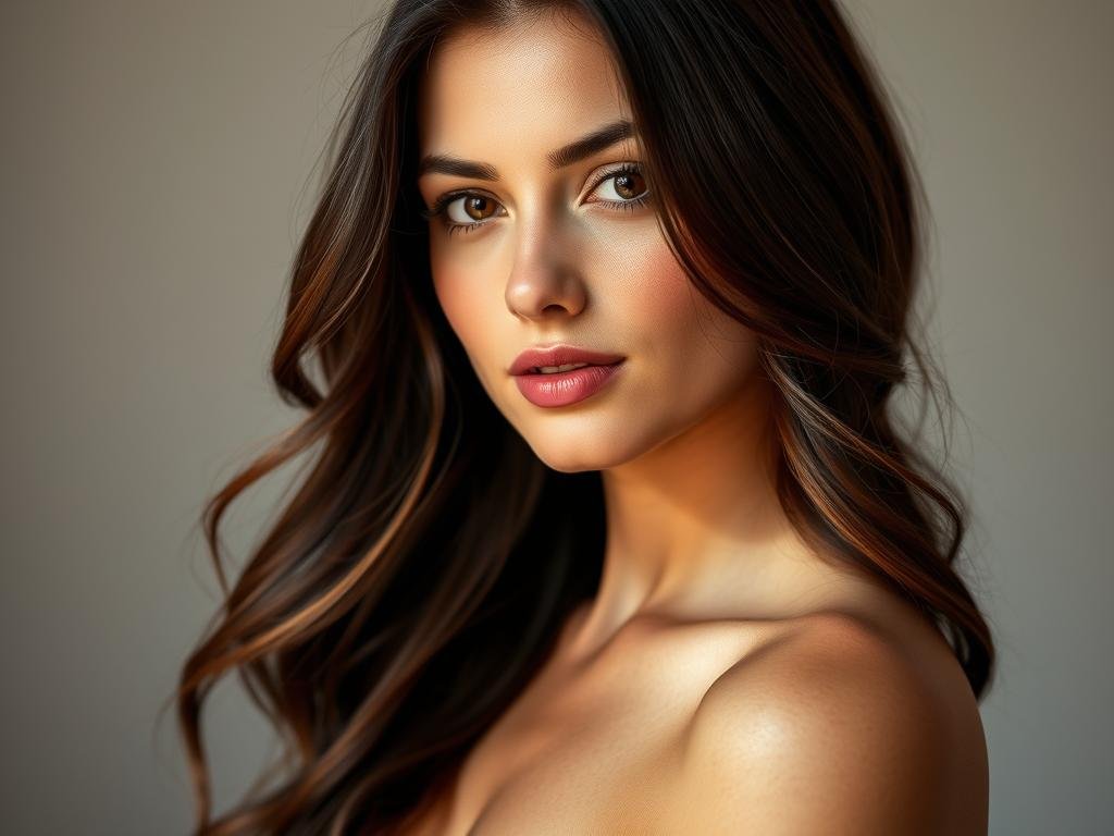 Woman with warm skin tone and rich chocolate dark hair color that enhances her golden complexion Woman with warm skin tone and rich chocolate dark hair color that enhances her golden complexion