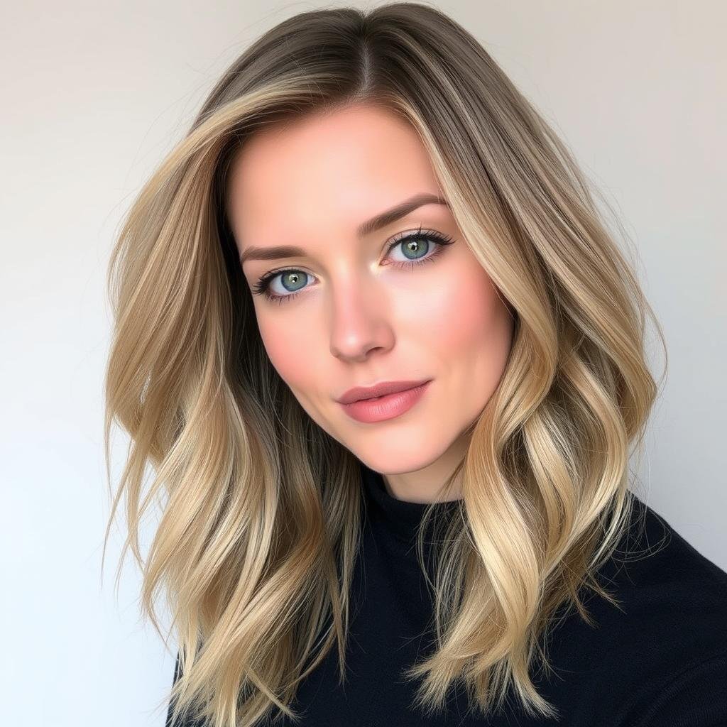 Woman with wheat blonde hair showing neutral golden tones Woman with wheat blonde hair showing neutral golden tones