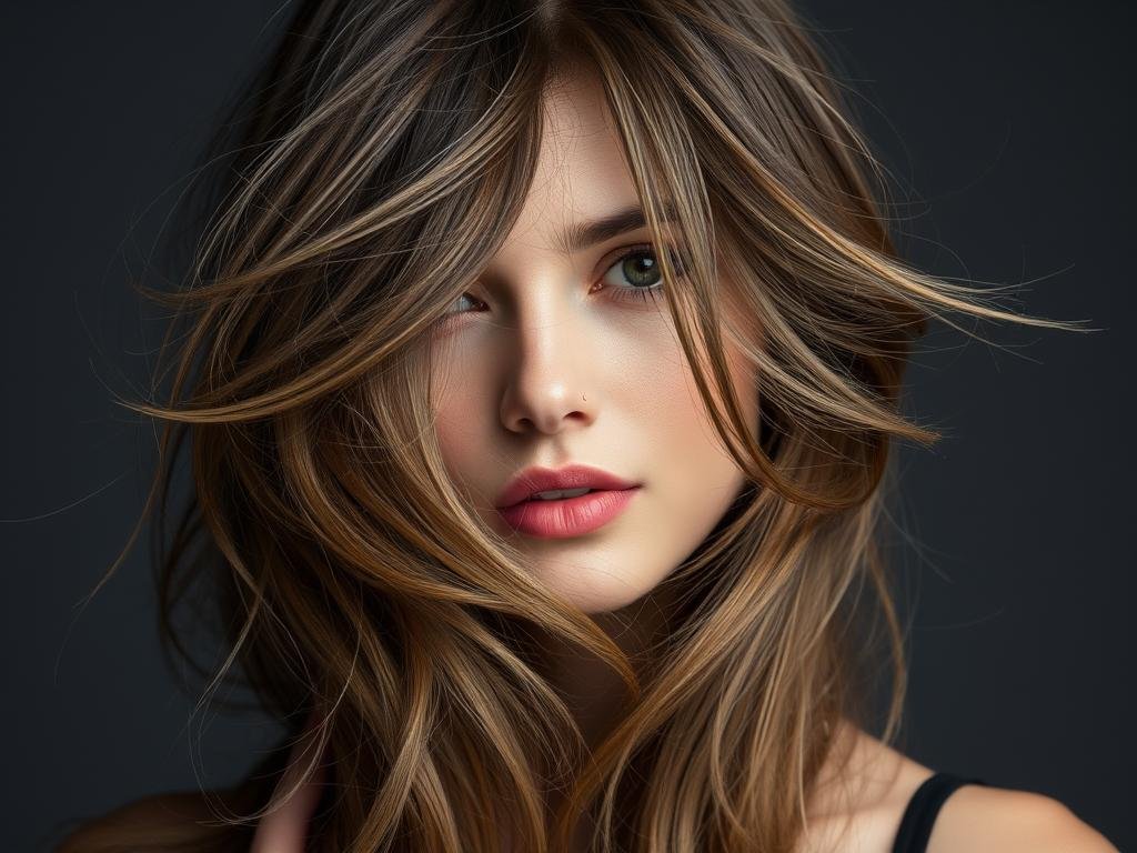 Woman with wispy side-swept bangs for thin hair Woman with wispy side-swept bangs for thin hair
