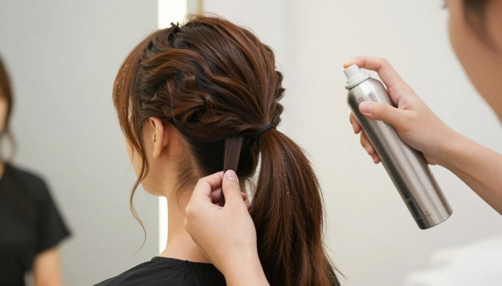 Applying hairspray to maintain 2 ponytails half up half down style Applying hairspray to maintain 2 ponytails half up half down style