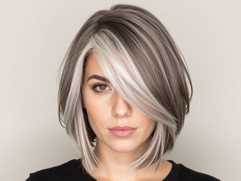 Ash brown bob with platinum highlight pieces Ash brown bob with platinum highlight pieces