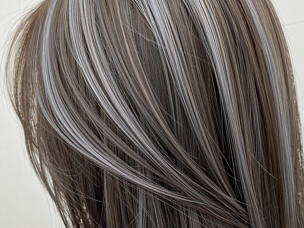 Ash brown hair with cool silver and platinum highlights creating an icy effect