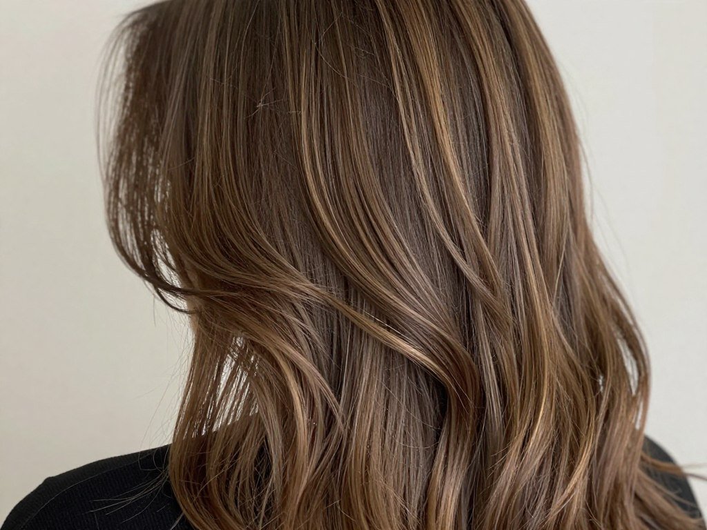 Ash brown hair with hand-painted balayage highlights creating a natural sun-kissed effect