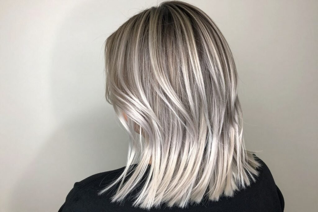 Ash brown hair with platinum blonde balayage for dramatic contrast