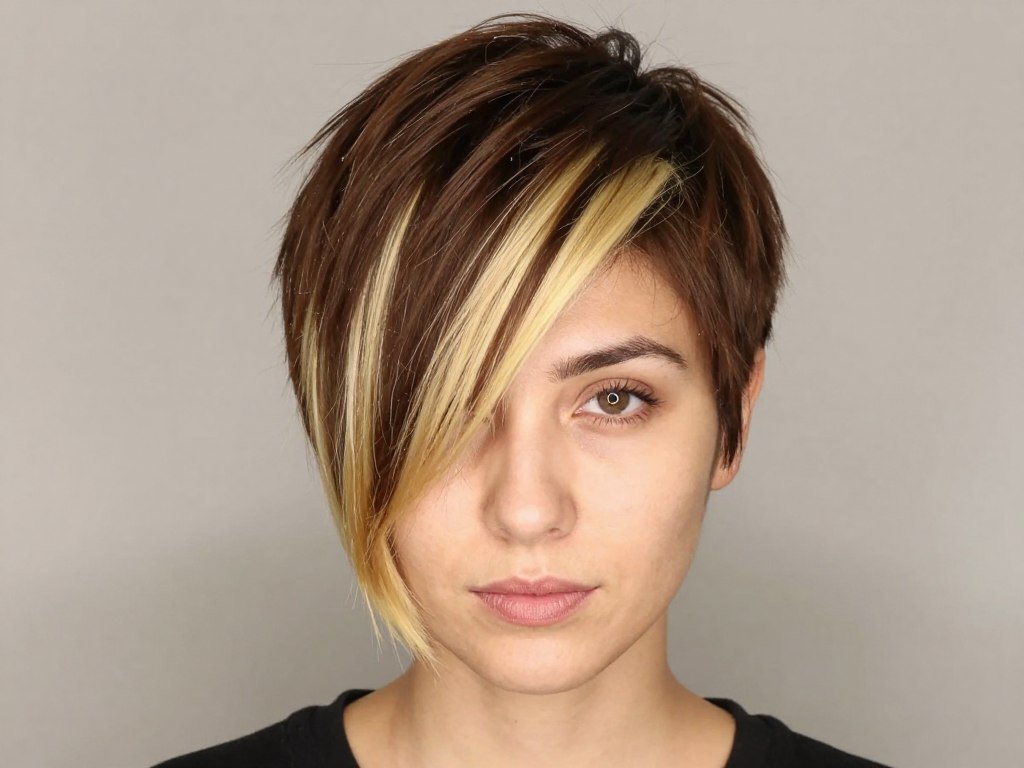 Asymmetrical brown pixie with bold blonde highlights Asymmetrical brown pixie with bold blonde highlights