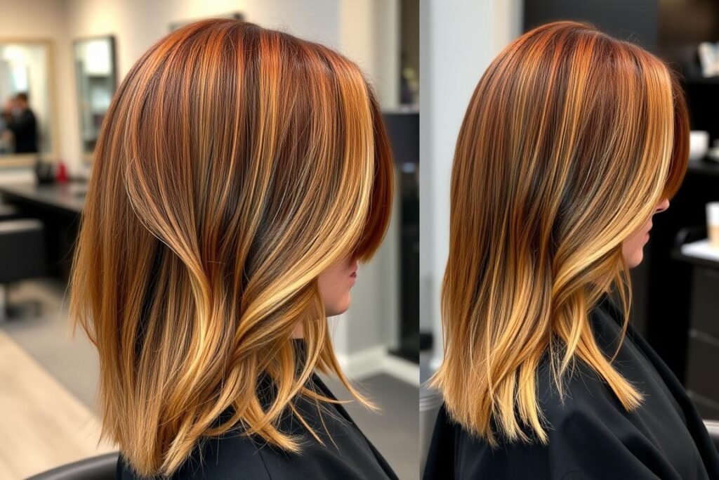 Auburn hair with blonde highlights creating dimension and movement