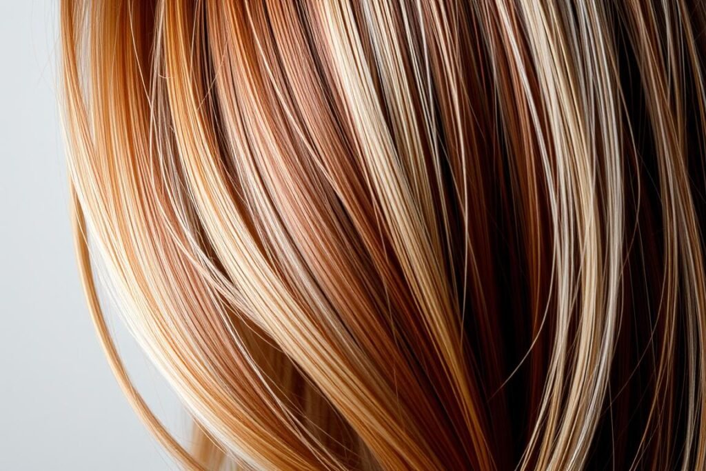 Auburn hair with blonde highlights creating dramatic contrast