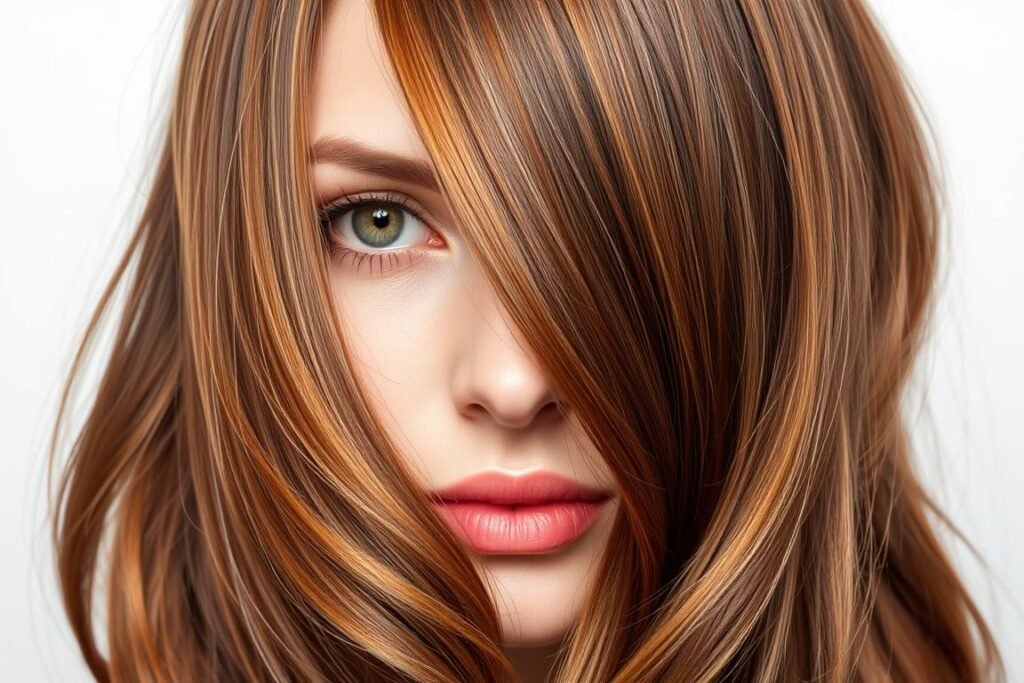 Auburn hair with face-framing highlights brightening the complexion