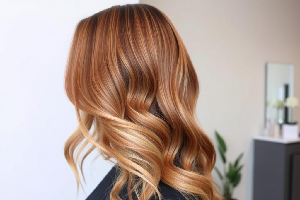 Auburn hair with honey blonde balayage highlights