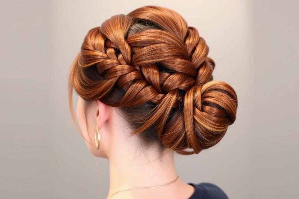 Auburn highlighted hair in braided updo