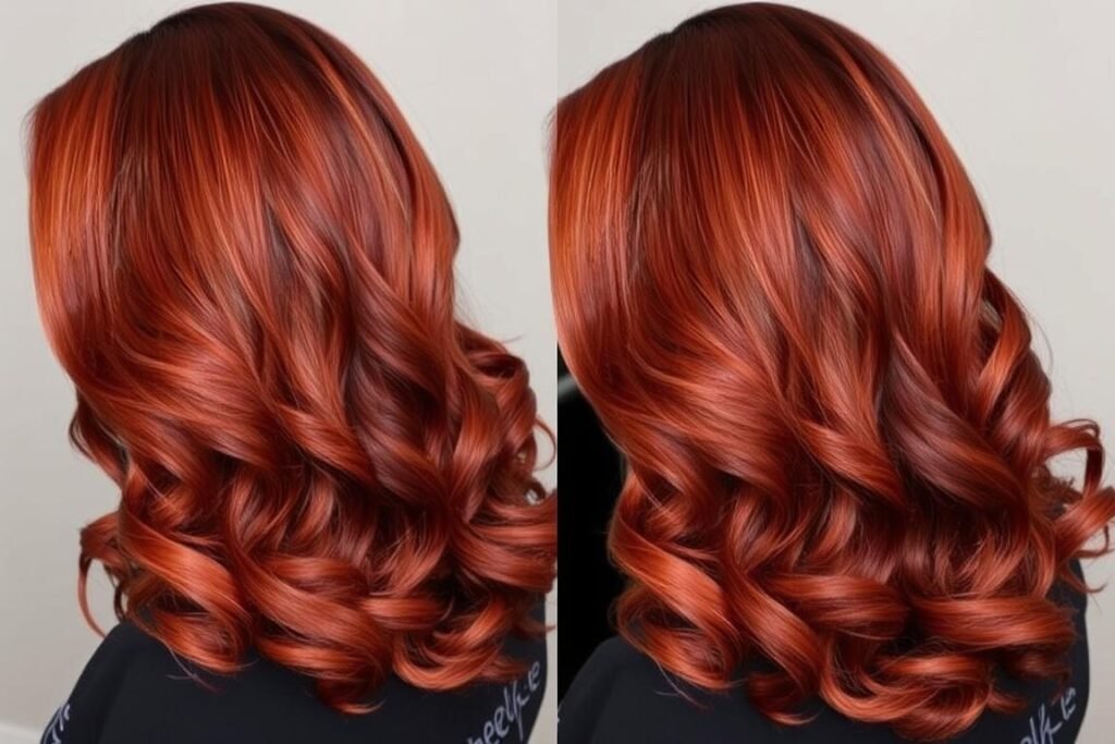 Auburn highlighted hair in voluminous curls