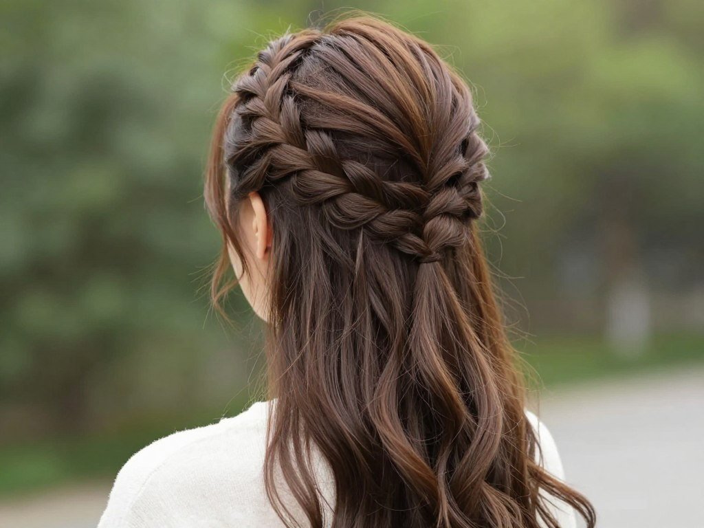 Back view of a woman with an intricate half up half down braided hairstyle showing the finished style Back view of a woman with an intricate half up half down braided hairstyle showing the finished style