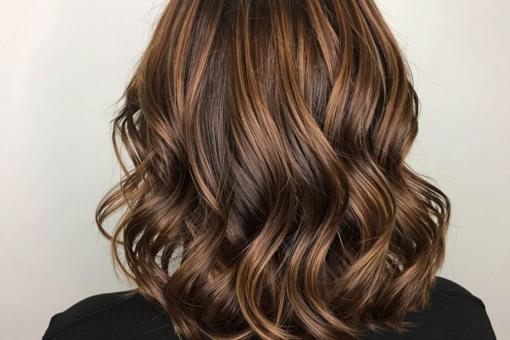 Beach waves showcasing caramel highlights on brown hair Beach waves showcasing caramel highlights on brown hair