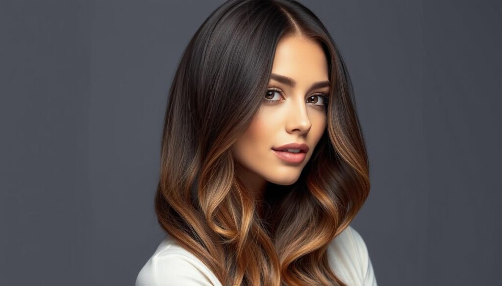 Beautiful brunette woman with caramel ombre hair color showing the perfect transition from dark to light