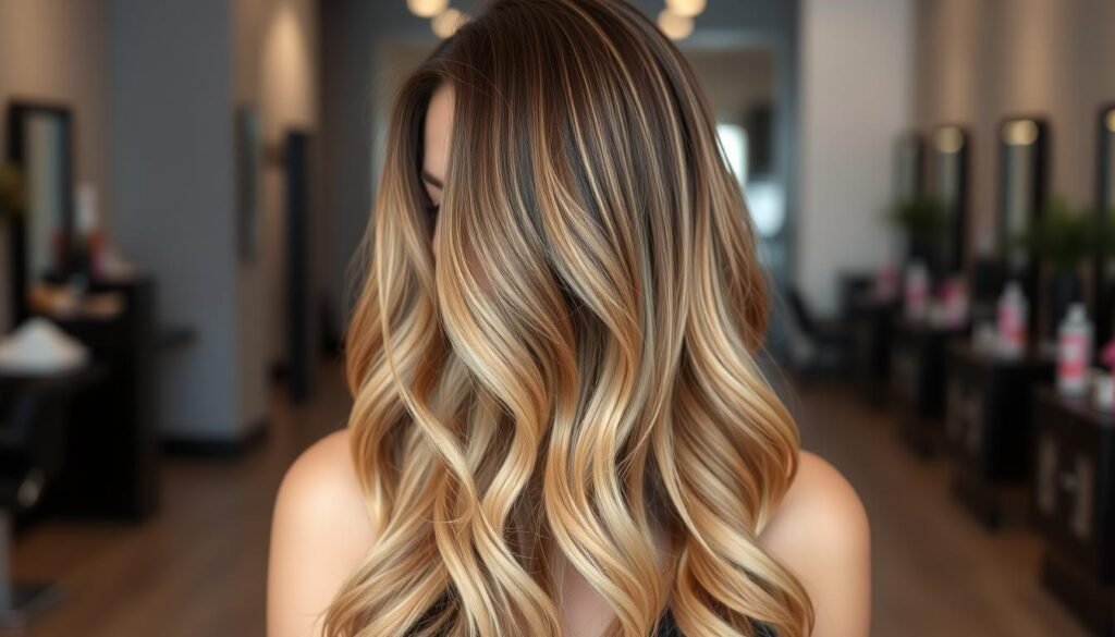 Beautiful ombre hair color showing dark roots transitioning to light blonde ends