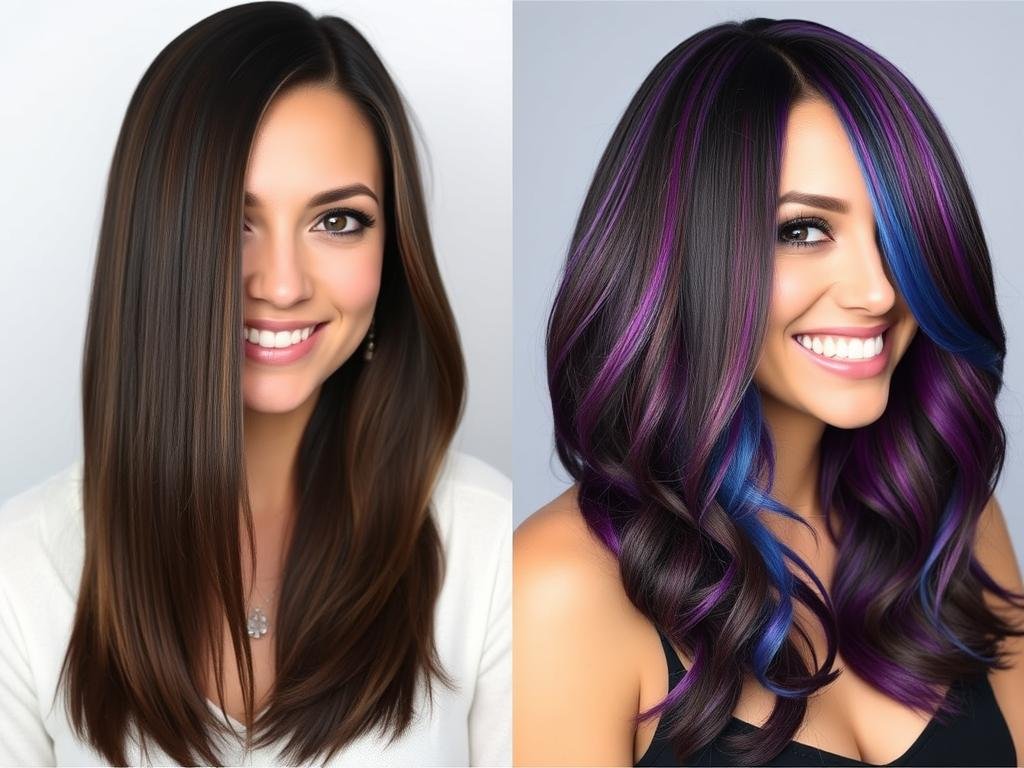 Before and after comparison of a brunette with fun colored hair showing the transformation
