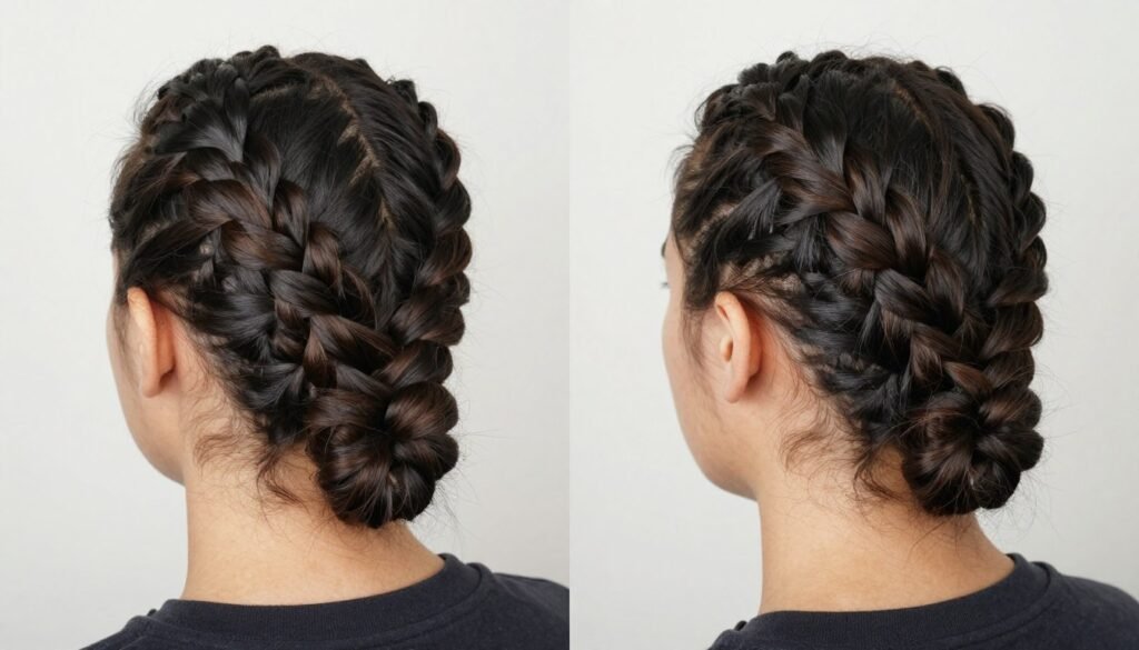 Before and after comparison of a half up half down braid with volume-enhancing techniques