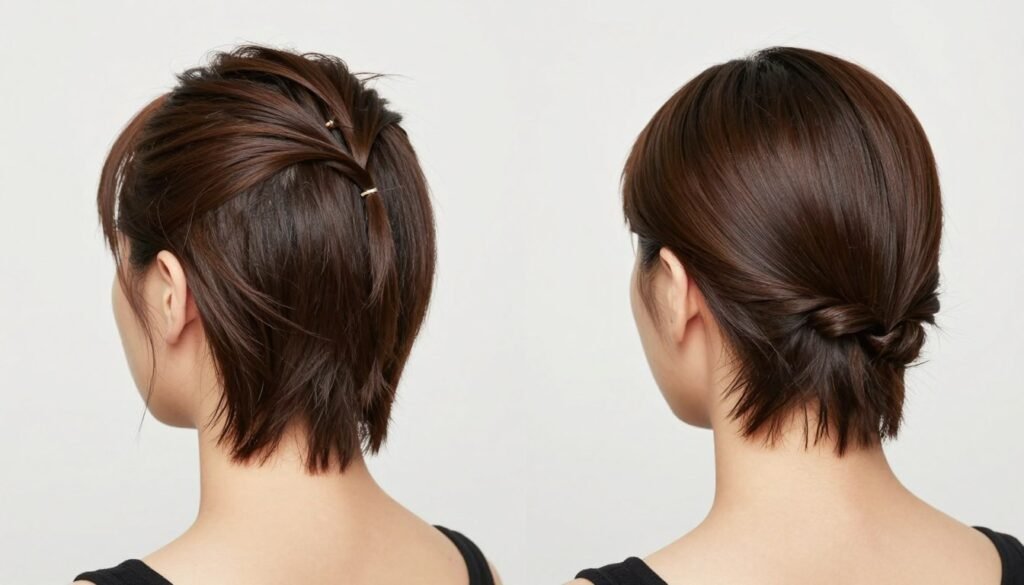 Before and after comparison of a woman fixing common issues with half up half down short hair style Before and after comparison of a woman fixing common issues with half up half down short hair style