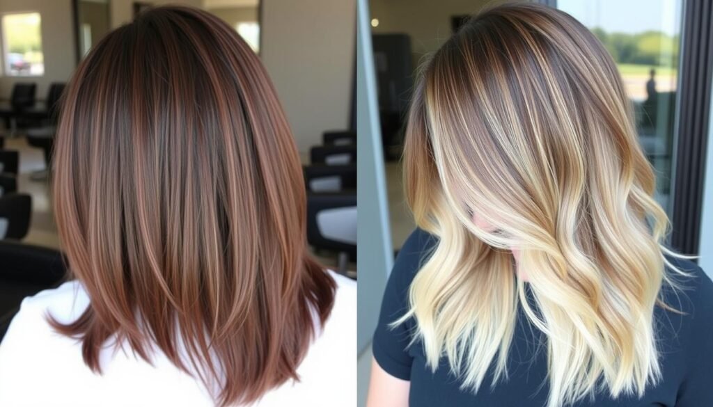 Before and after comparison of brunette hair with DIY ombre application