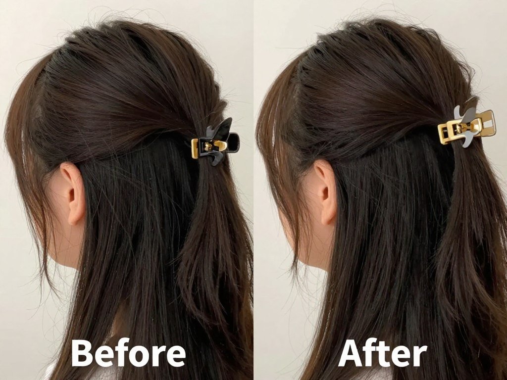 Before and after comparison showing common claw clip styling mistakes and corrections Before and after comparison showing common claw clip styling mistakes and corrections