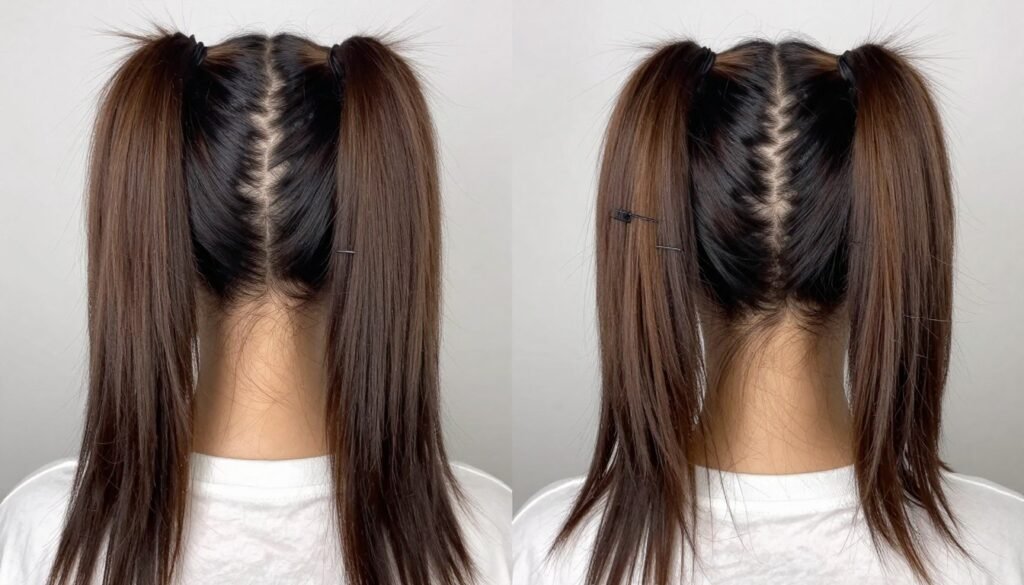 Before and after fixing common issues with two ponytails half up half down hairstyle Before and after fixing common issues with two ponytails half up half down hairstyle