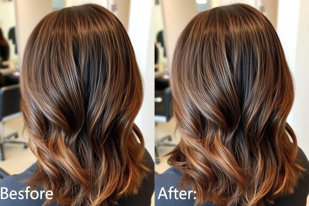 Before and after of brunette hair showing the effects of a toning treatment to neutralize brassiness