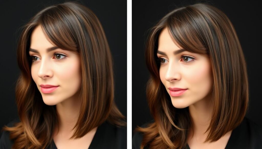 Before and after of brunette with face-framing highlights showing the brightening effect