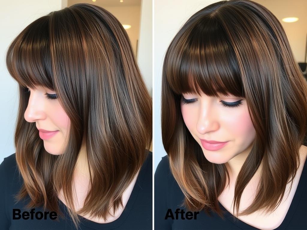 Before and after of freshly trimmed bangs on medium length hair