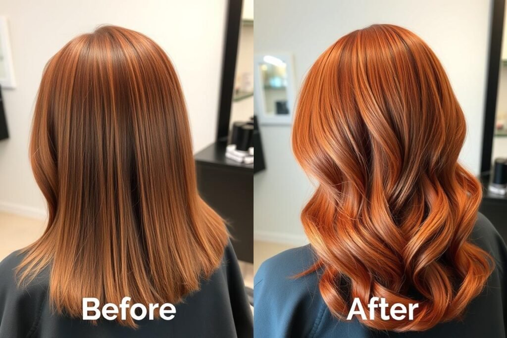 Before and after of red copper hair color touch-up showing vibrant results Before and after of red copper hair color touch-up showing vibrant results