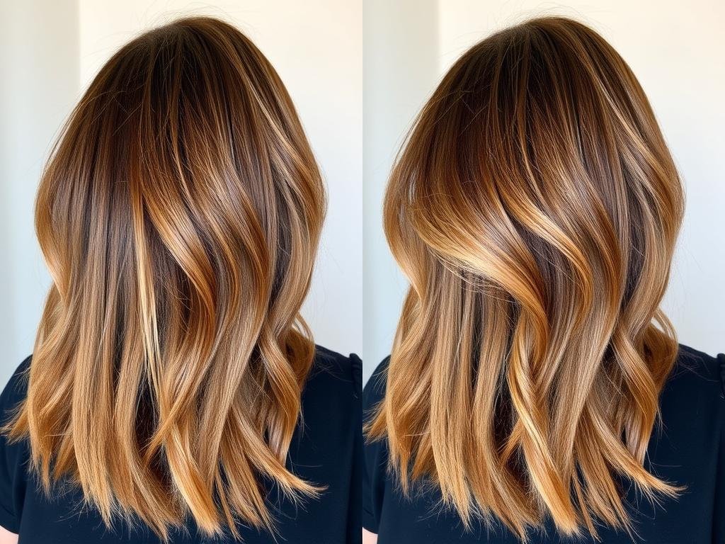 Before and after showing mushroom brown hair maintenance with purple shampoo