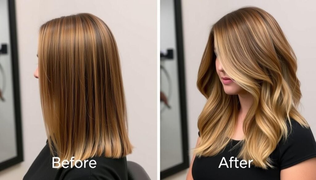 Before and after transformation showing the volume and movement added by a medium length haircut with layers Before and after transformation showing the volume and movement added by a medium length haircut with layers