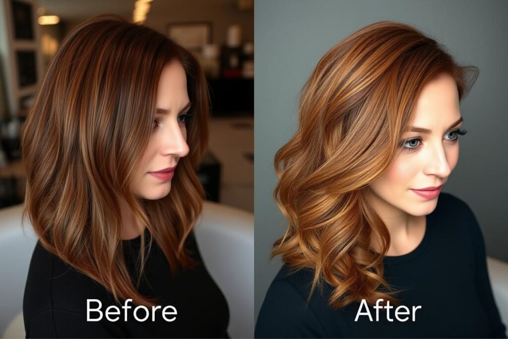 Before and after transformation to copper hair color