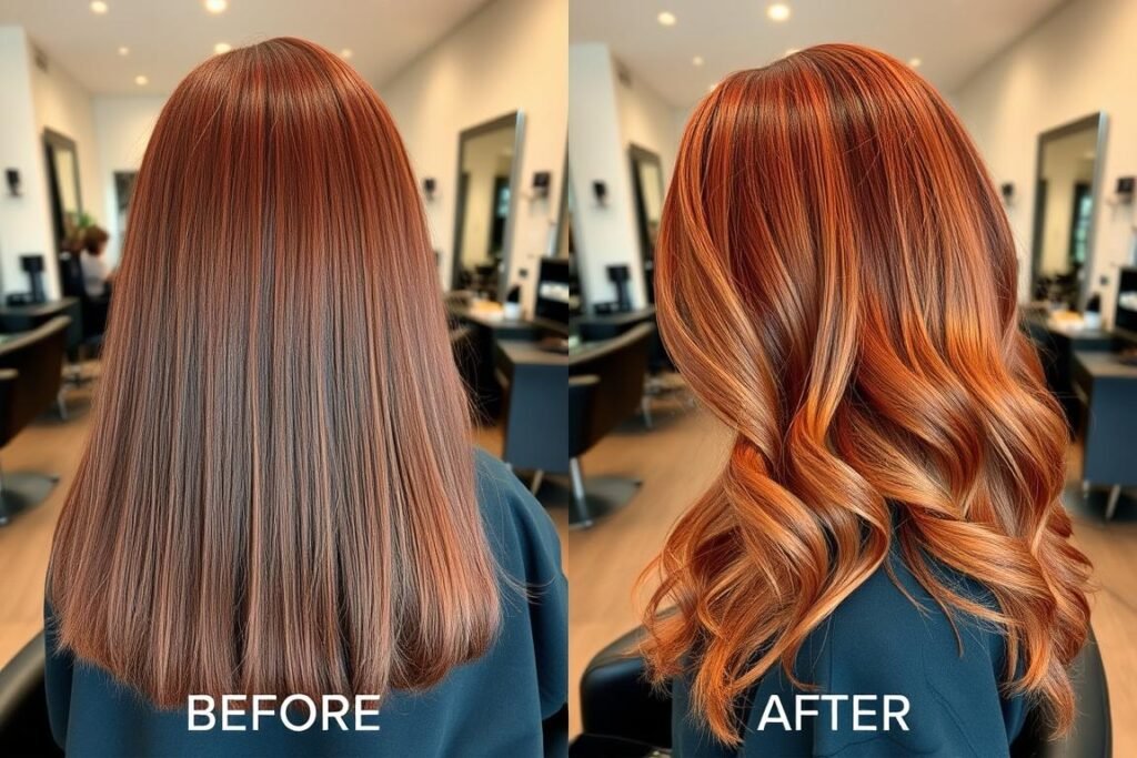 Before and after transformation to red copper hair color in salon setting Before and after transformation to red copper hair color in salon setting