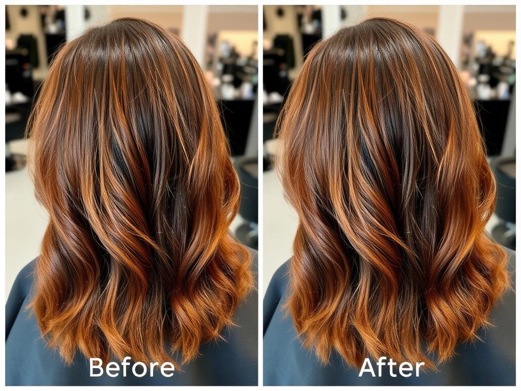 Before and after transformation to teddy bear brown hair color