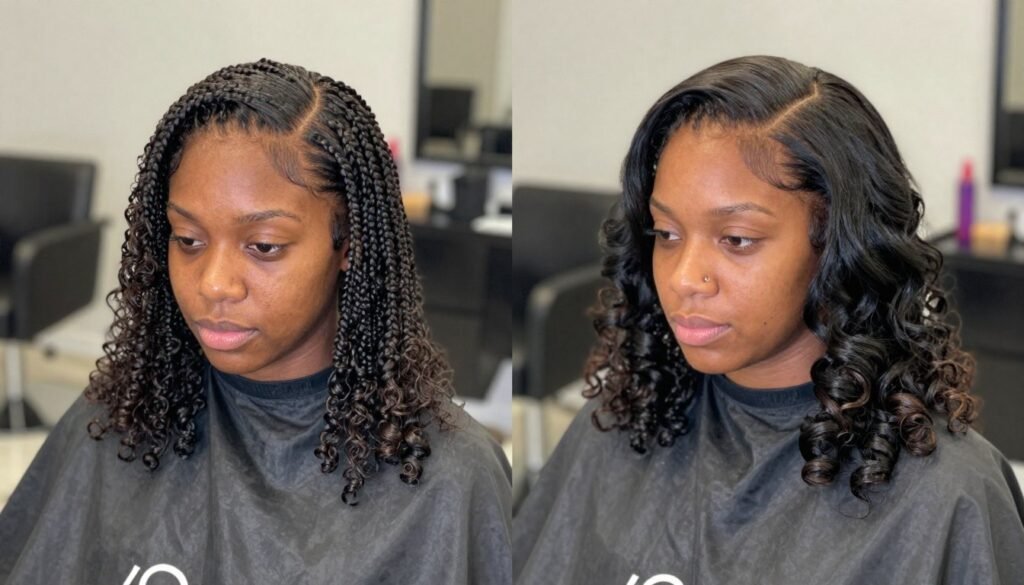 Before and after transformation with half up half down quick weave Before and after transformation with half up half down quick weave