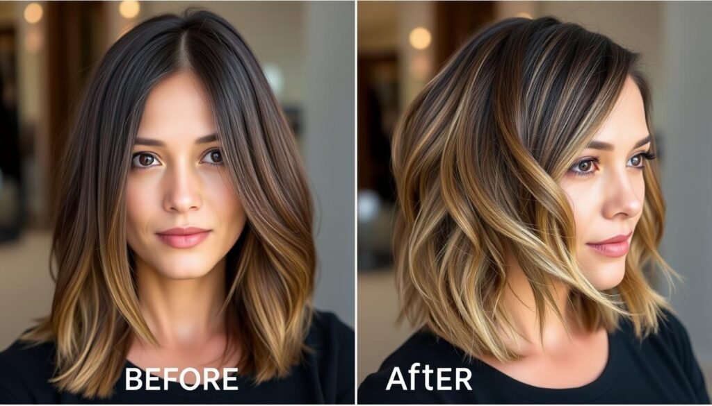Before and after transformation with medium length haircut and side part Before and after transformation with medium length haircut and side part