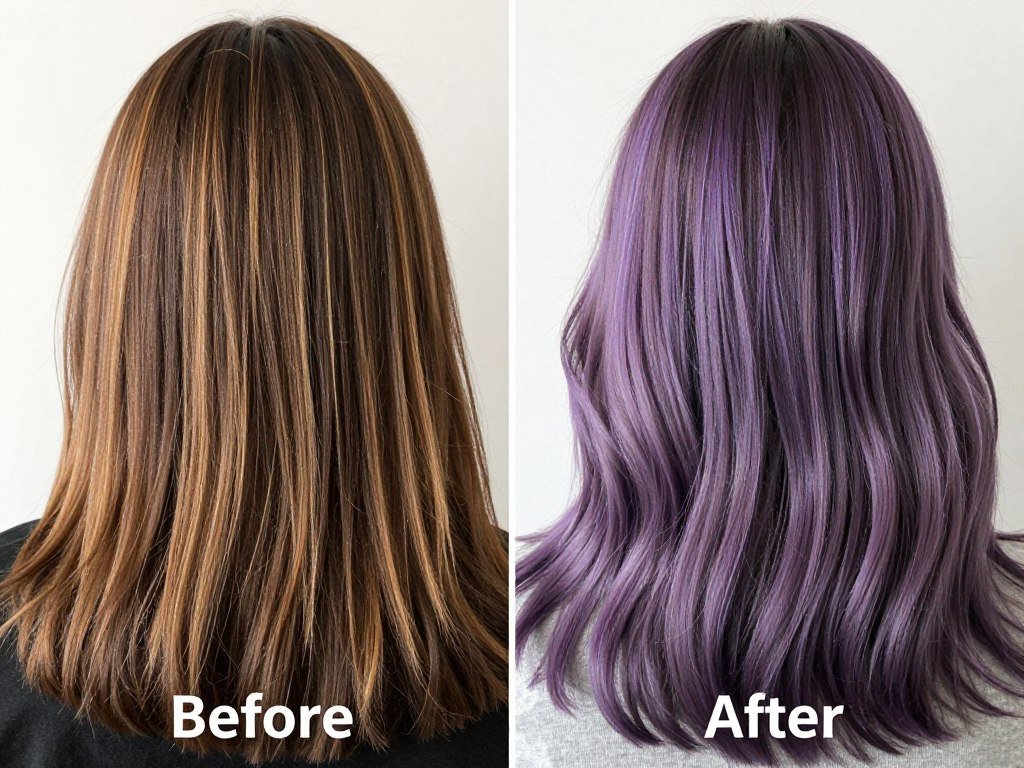 Before and after using purple shampoo on brassy highlights Before and after using purple shampoo on brassy highlights