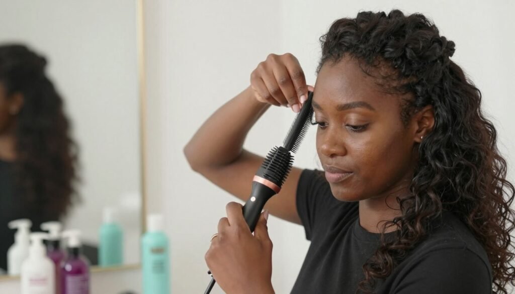 Black woman maintaining her half up half down hairstyle with products and tools Black woman maintaining her half up half down hairstyle with products and tools
