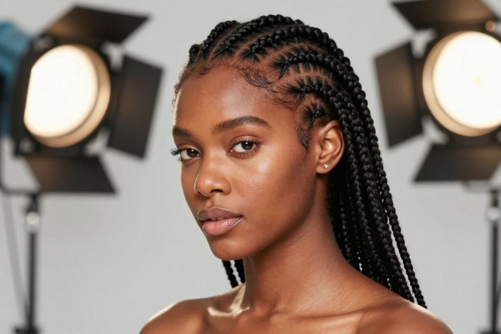 Black woman with box braids styled in half up half down showing versatility of protective styling Black woman with box braids styled in half up half down showing versatility of protective styling