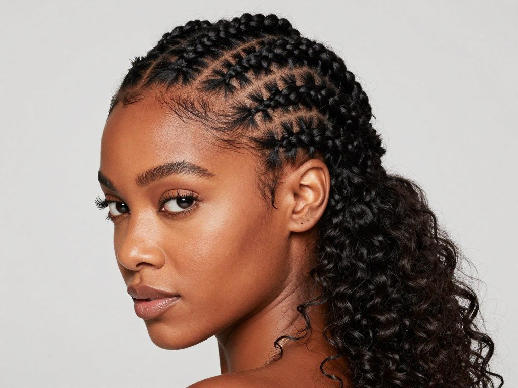 Black woman with braided crown half up half down hairstyle showing intricate braiding pattern Black woman with braided crown half up half down hairstyle showing intricate braiding pattern