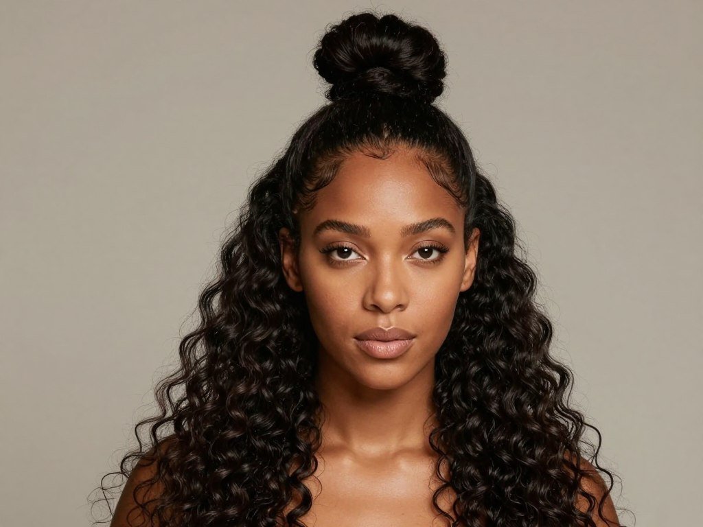 Black woman with half up half down hair styled in a top knot bun with curly texture flowing down Black woman with half up half down hair styled in a top knot bun with curly texture flowing down