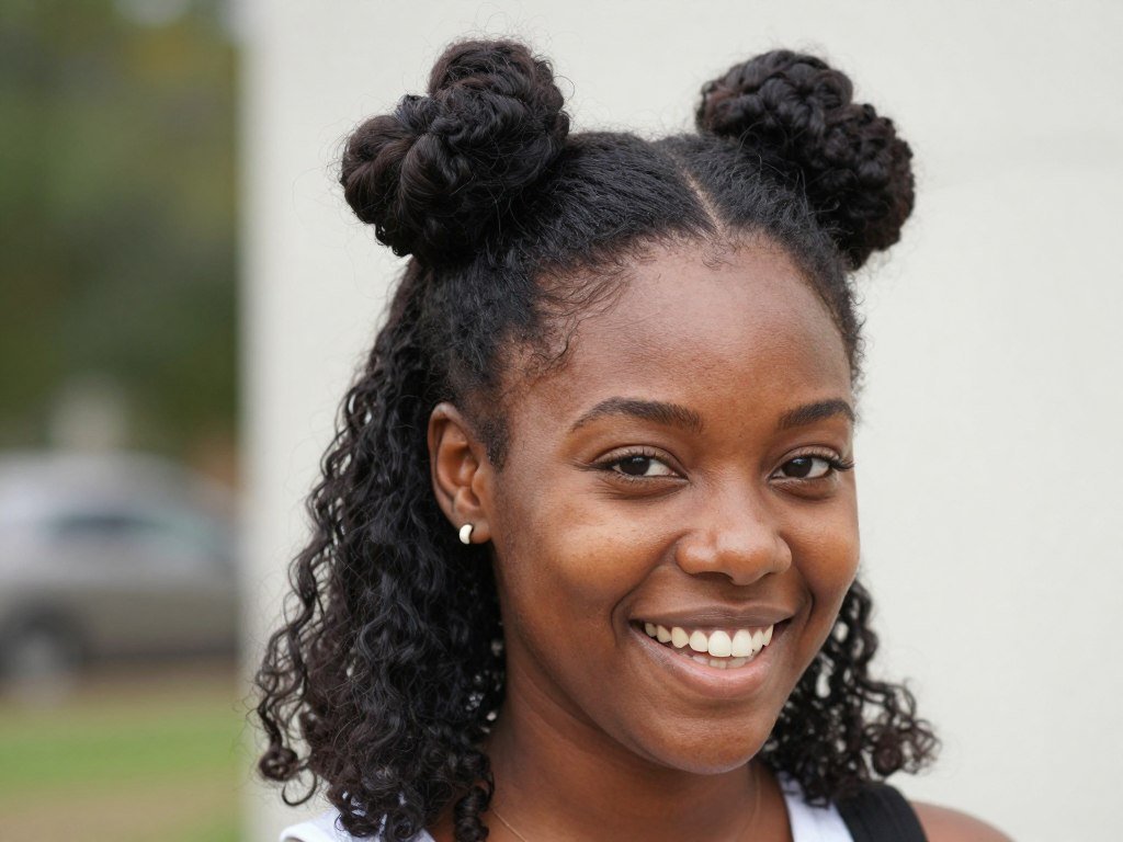 Black woman with half up space buns hairstyle showing natural texture flowing down Black woman with half up space buns hairstyle showing natural texture flowing down
