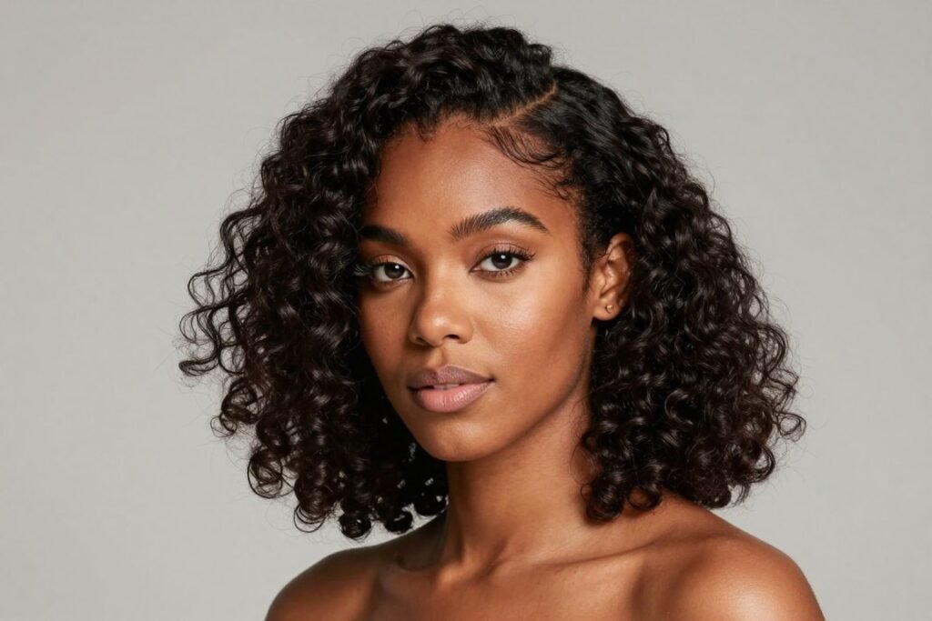 Black woman with medium length hair in half up half down style with volume and texture Black woman with medium length hair in half up half down style with volume and texture