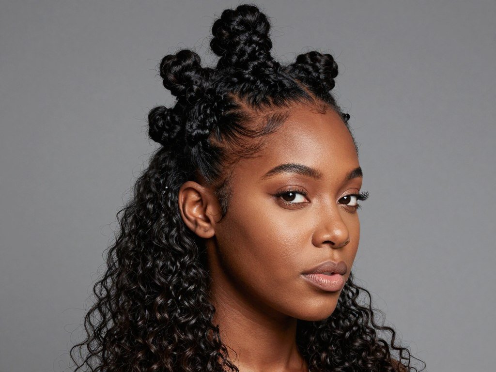 Black woman with twisted Bantu knot half up half down hairstyle showing multiple small knots Black woman with twisted Bantu knot half up half down hairstyle showing multiple small knots
