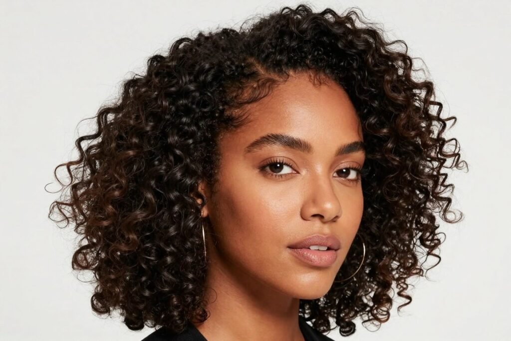 Black woman with type 3 curly hair in half up half down style showing defined curl pattern Black woman with type 3 curly hair in half up half down style showing defined curl pattern