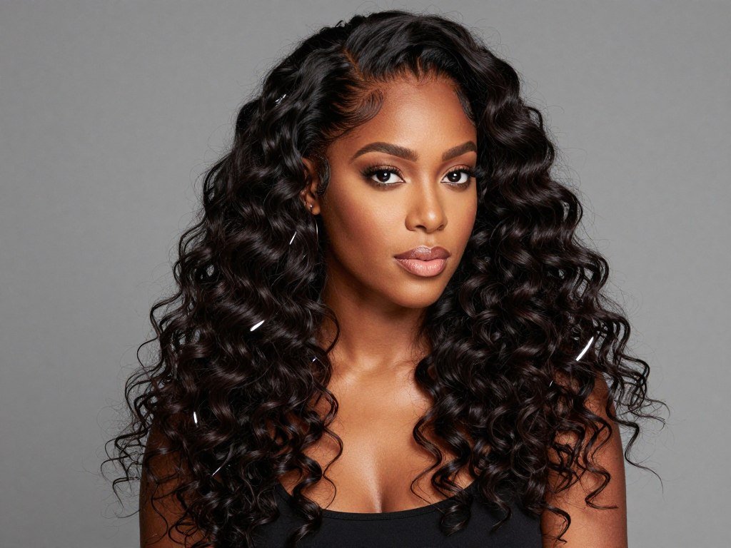 Black woman with voluminous half up half down hairstyle using clip-in extensions for added length and volume Black woman with voluminous half up half down hairstyle using clip-in extensions for added length and volume